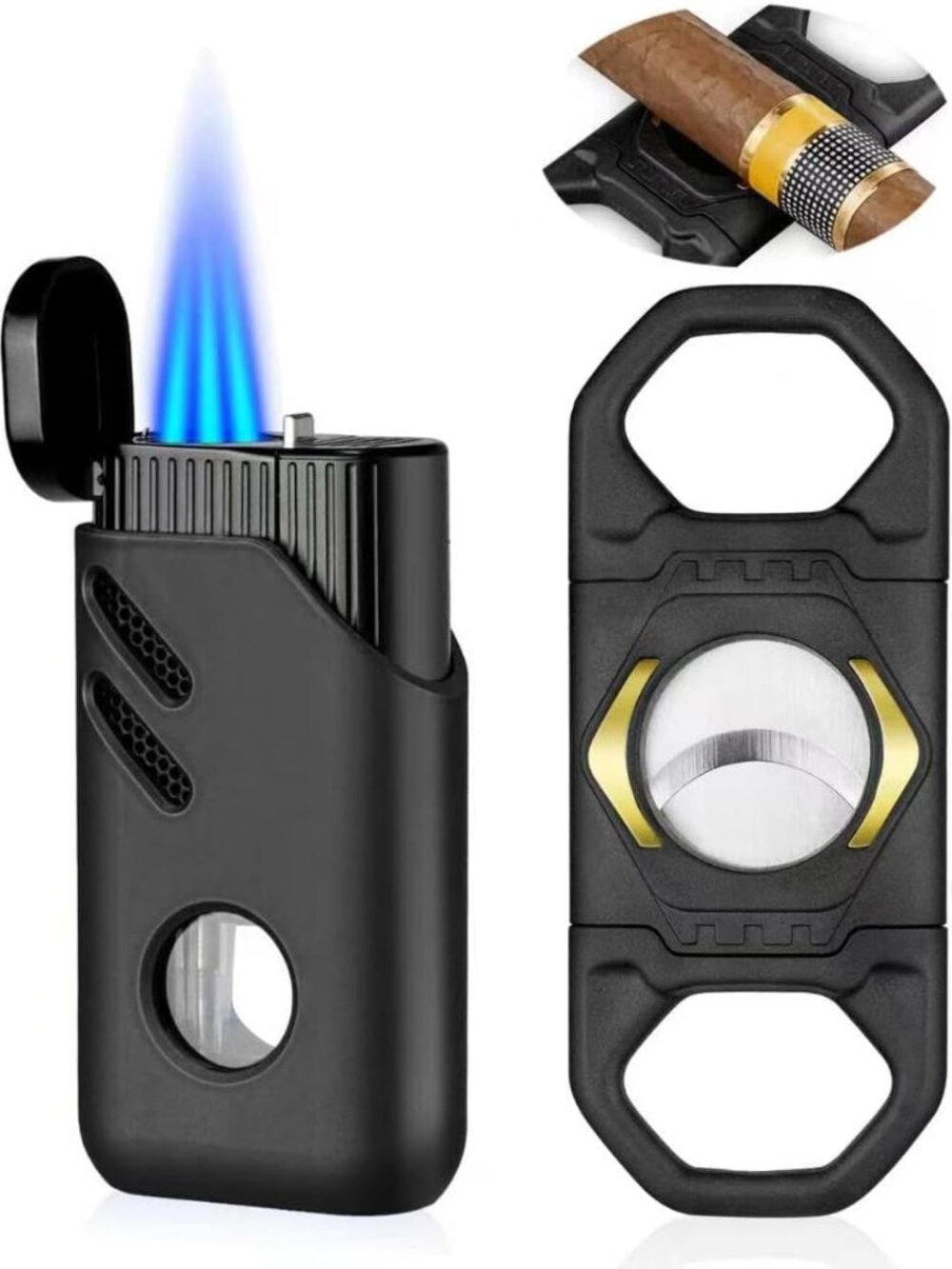 Cigar Cutter and Lighter Set Triple Jet Flame Butane Refillable Torch Lighters